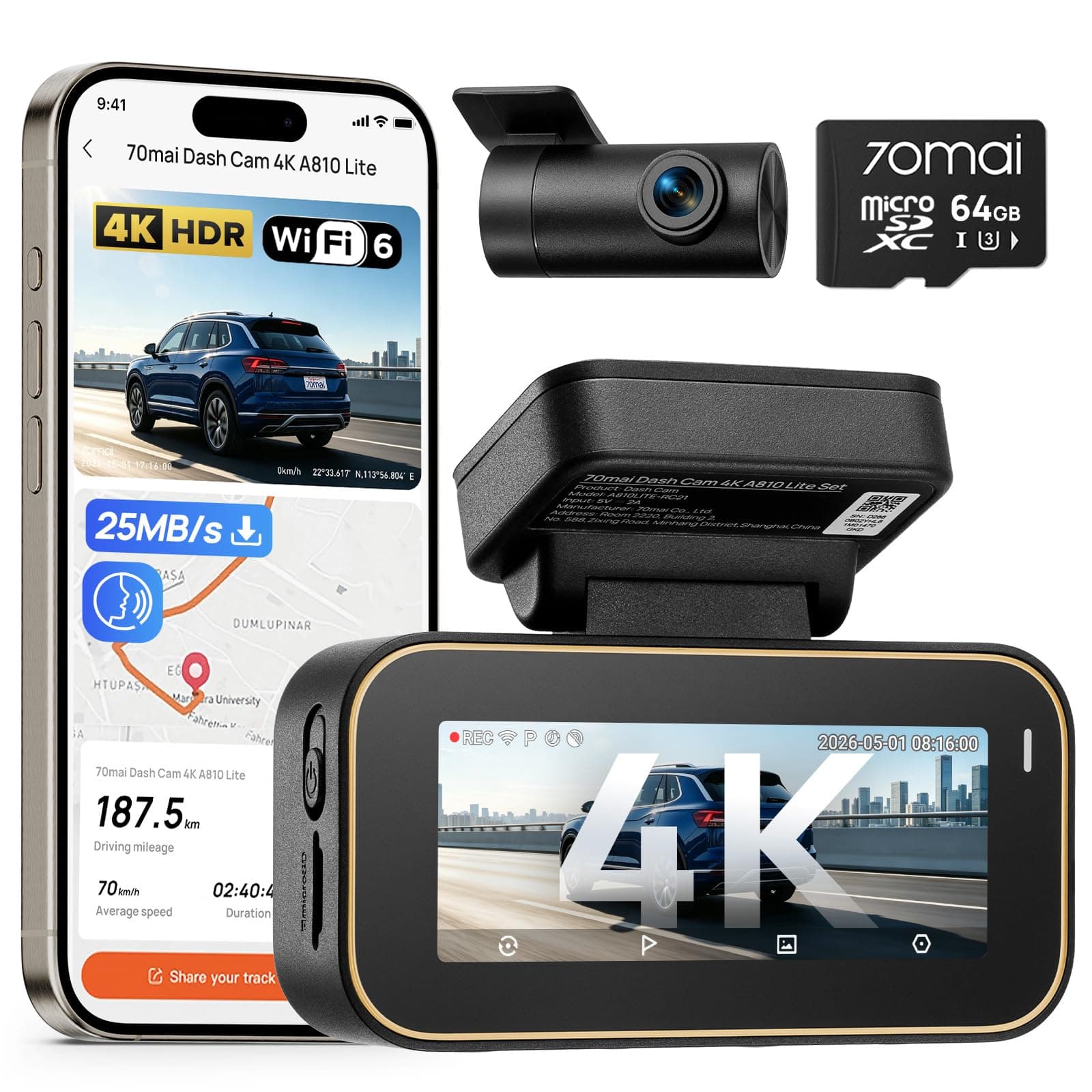 70mai A810 Lite 4K Dash Cam Front and Rear, 5GHz Wi-Fi 6 DashCam, Car Camera 4G LTE Remote Access, GPS Tracking, HDR Night Vision, 24H Parking Mode, Voice Control, Emergency Lock